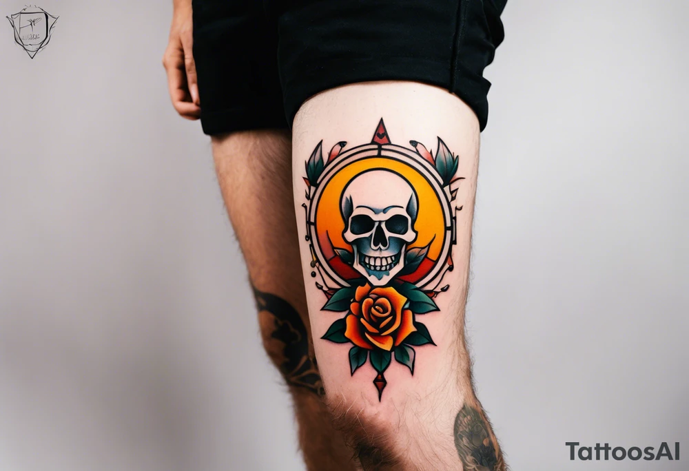 Masculine Old School Knee tattoo in fall colors showing a large skull with a rose  in the style of Jonathan Shaw tattoo idea