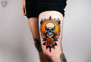 Masculine Old School Knee tattoo in fall colors showing a large skull with a rose  in the style of Jonathan Shaw tattoo idea