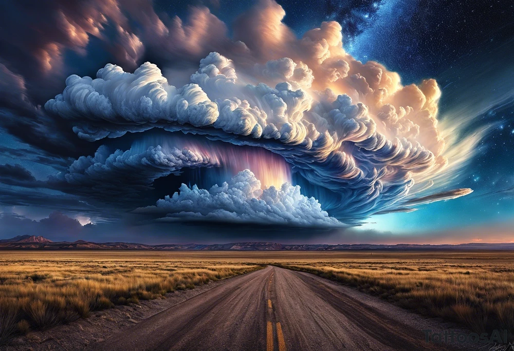 beautiful supercell cloud in vast open Texas lands split with the milky way lighting a starry night sky tattoo idea