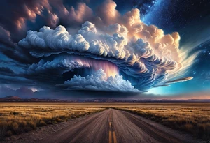 beautiful supercell cloud in vast open Texas lands split with the milky way lighting a starry night sky tattoo idea