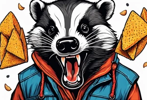 Angry badger with mouth open holding Doritos tattoo idea