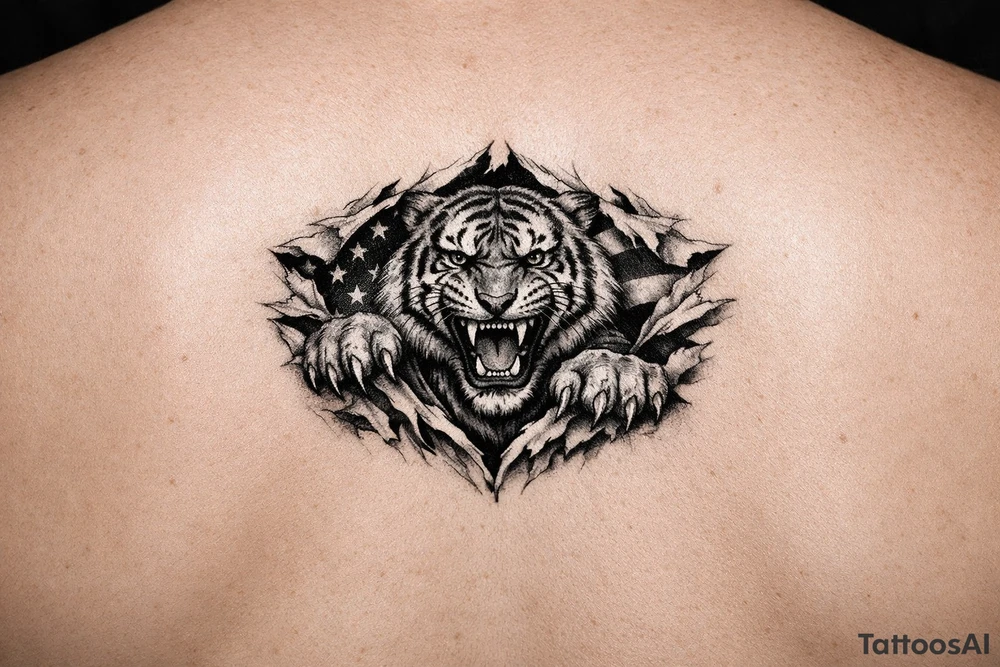 Tiger ripping through the chest with the American Flag in the background. Like the American Flag is the blood of the body. tattoo idea