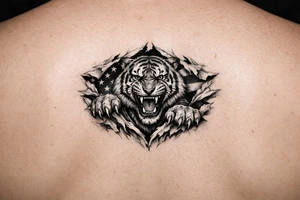 Tiger ripping through the chest with the American Flag in the background.  Like the American Flag is the blood of the body. tattoo idea