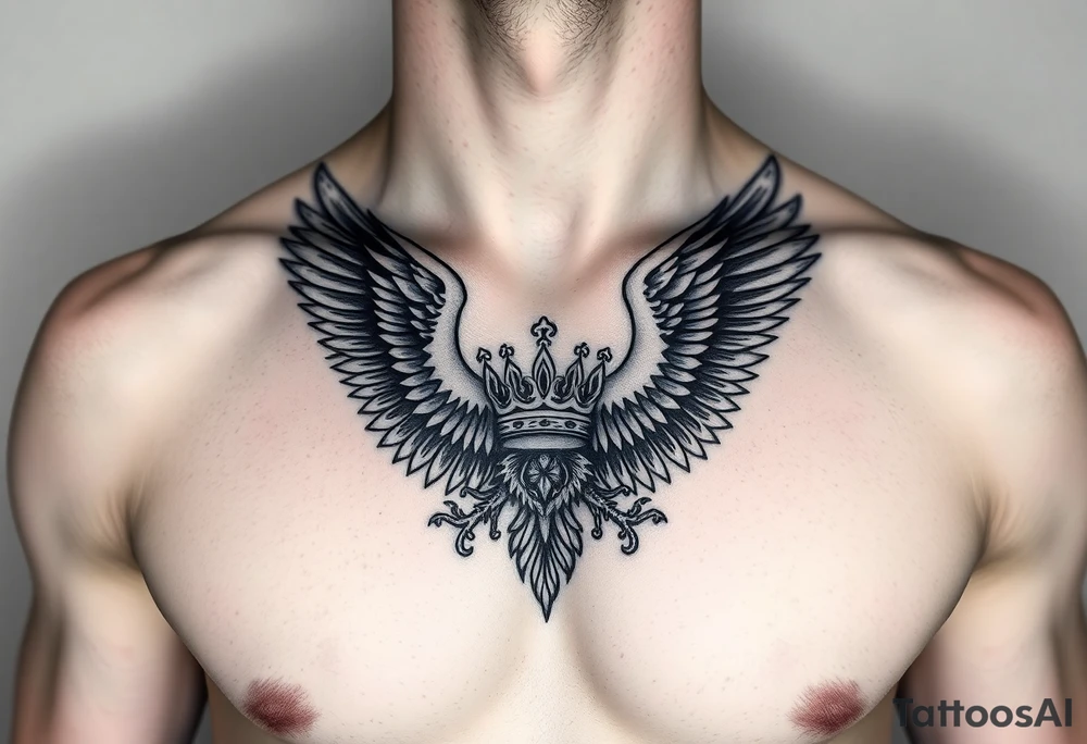 Chest tattoo,powerful two symetrical majestic eagles, surrounded by lure ornaments , between eagles a crown tattoo idea