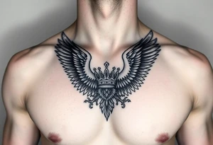 Chest tattoo,powerful two symetrical majestic eagles, surrounded by lure ornaments , between eagles a crown tattoo idea