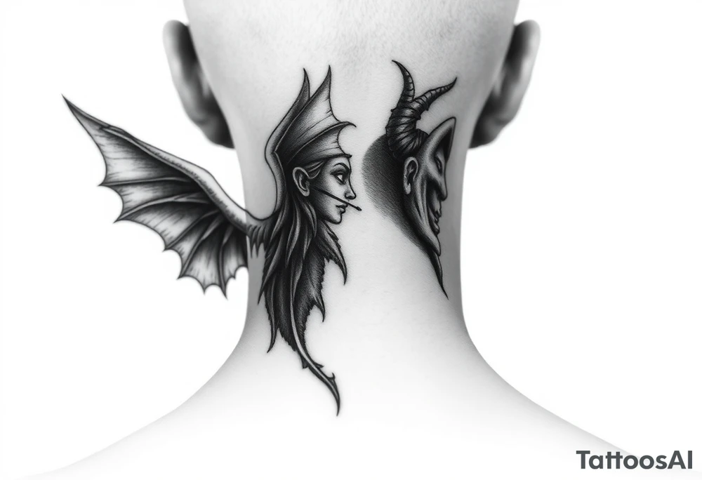 position behind the neck Angel (on the right) whispering in the right ear, demon (on the left) whispering in the left ear. It must be as realistic as possible. tattoo idea