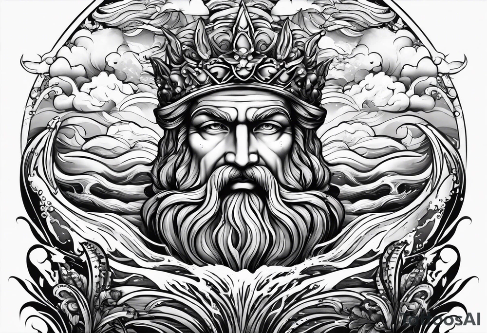 Poseidon steht in einer Welle im Meer tattoo idea