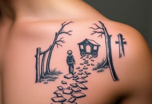 A boy walking up a forest path, DnD inspired, broken down carriage, tavern, glowing tunnel tattoo idea