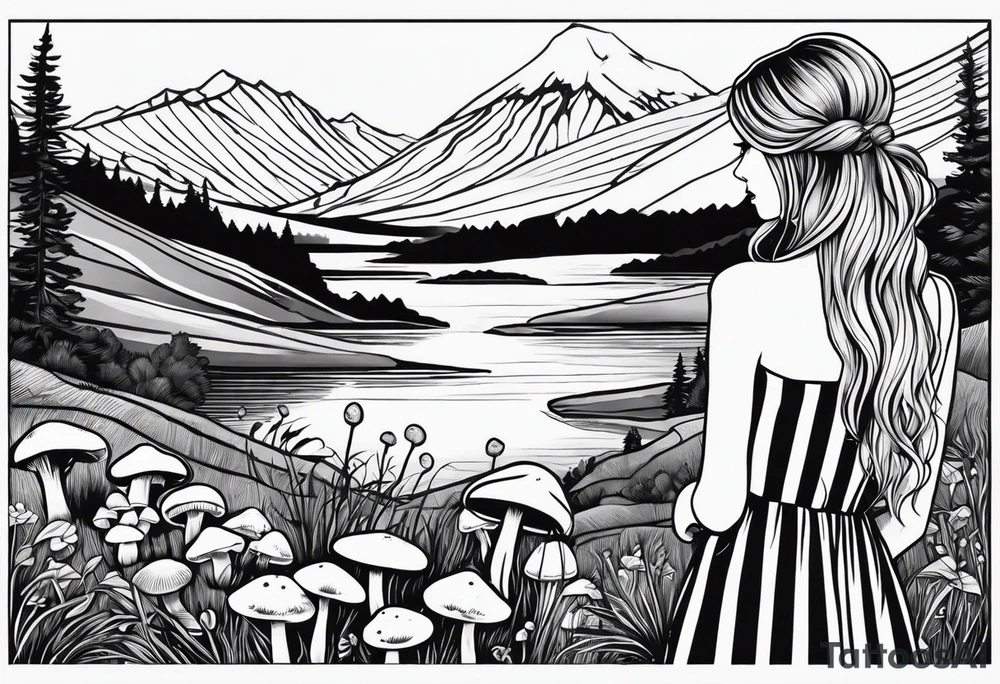 Straight long blonde hair girl standing in right corner in distance holding mushrooms in hand facing away toward mountains and creek surrounded by mushrooms black and white striped dress tattoo idea