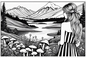 Straight long blonde hair girl standing in right corner in distance holding mushrooms in hand facing away toward mountains and creek surrounded by mushrooms black and white striped dress tattoo idea