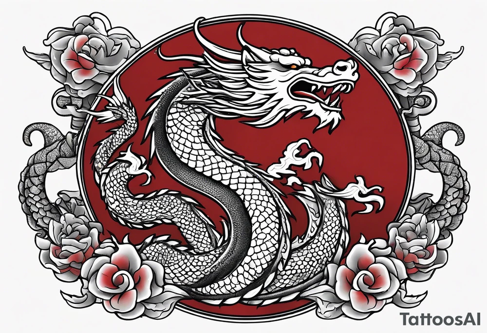 Asian dragon coiling around an anchor centered on the Korean flag tattoo idea