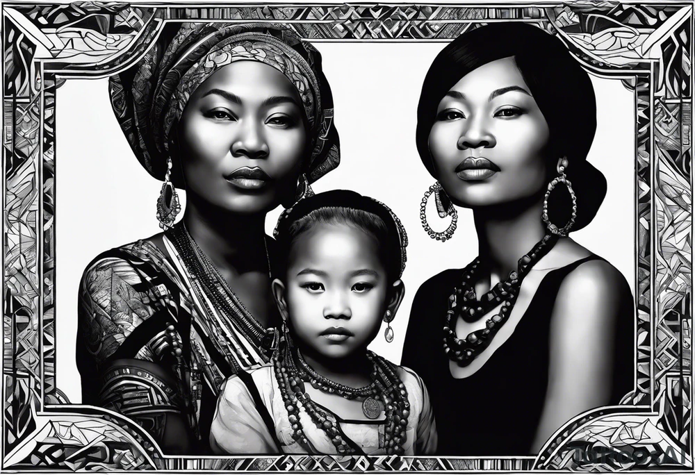 three people leaning against each other. on the left a really very young african daughter, in the middle a german mother, on the right a really very old asian grandmother. big difference in age, in an artfully decorated frame tattoo idea
