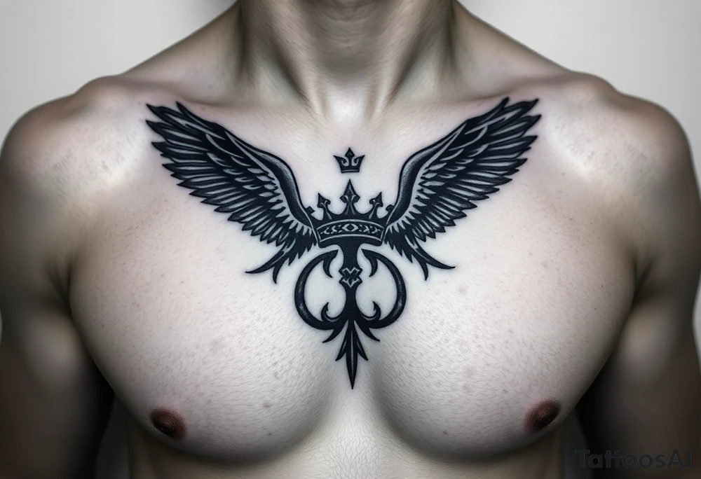 Chest tattoo, two laurier and icelandic symbols, dark brest tattoo, crown betwen ravens tattoo idea
