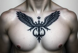 Chest tattoo, two laurier and icelandic symbols, dark brest tattoo, crown betwen ravens tattoo idea