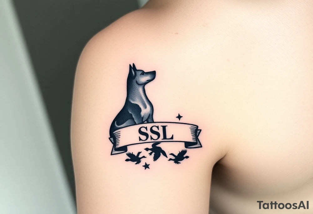 Small forearm Hunting tattoo featuring an upland dog silhouette, Italian flag and American flag, SSL initials inside a banner, with some ducks in sky tattoo idea
