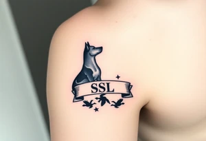 Small forearm Hunting tattoo featuring an upland dog silhouette, Italian flag and American flag, SSL initials inside a banner, with some ducks in sky tattoo idea