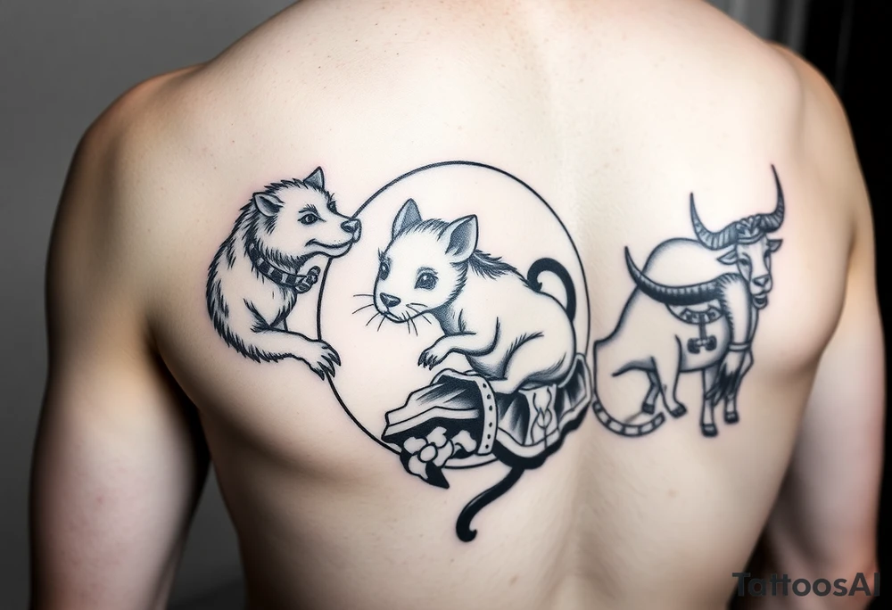Japanese style tattoo consisting zodiac animals: rat(in the middle) with dog, goat, and ox surrounding the rat. All animals are all dressed up Samurai warrior style in a circular formation on the left of back tattoo idea