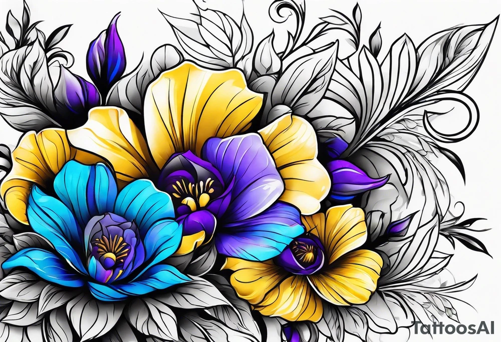 Blue yellow and purple flowers arm sleeve tattoo idea
