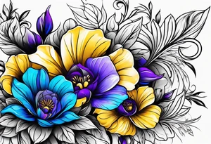 Blue yellow and purple flowers arm sleeve tattoo idea