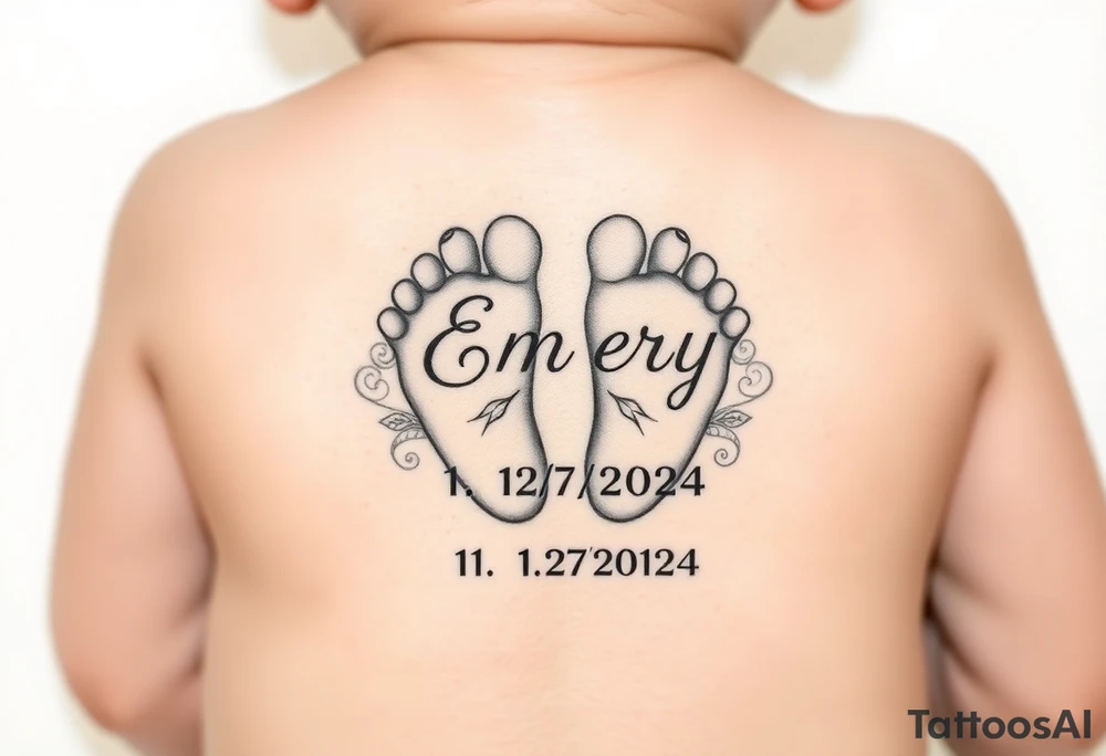 Baby feet with the name Emery and his date of birth in Roman numbers 11/27/2024 and his weight 5 pounds 12 ounces tattoo idea