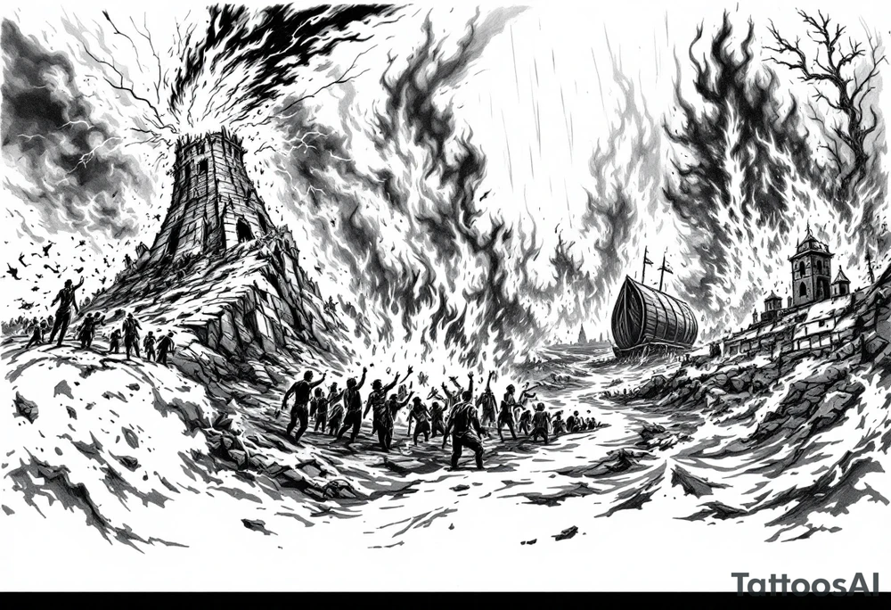in order.
1. A crumbling tower struck by lightning, with people scattering in chaos.
2. Fire raining down from heaven on a burning city, with smoke rising.
3. A blazing altar with fire falling from heaven
 4. Floodwaters overtaking the earth, with an ark in the distance. tattoo idea