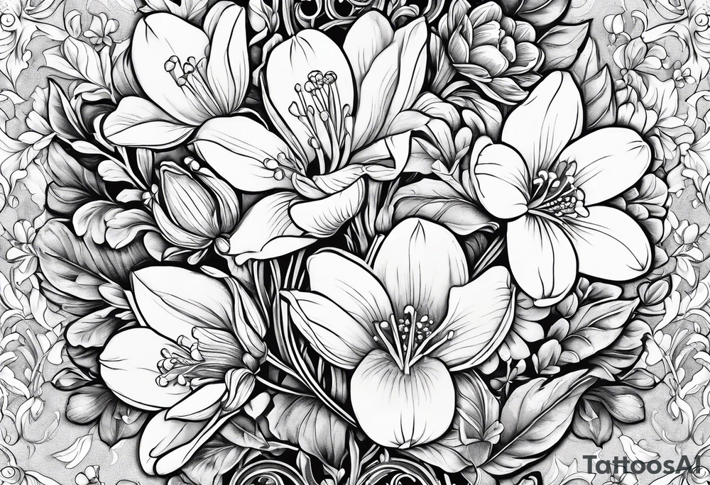 Bouquet with One snowdrop, One hawthorn flower, Two honeysuckle blooms, tattoo idea