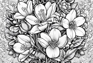 Bouquet with One snowdrop, One hawthorn flower, Two honeysuckle blooms, tattoo idea