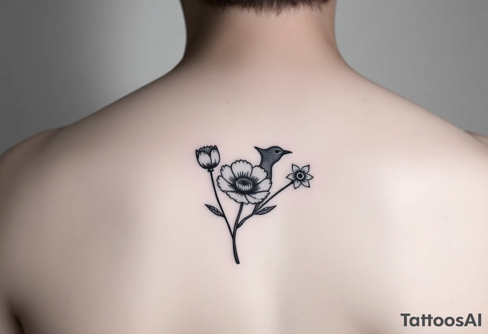 Small fantail bird with a poppy and a daffodil tattoo idea