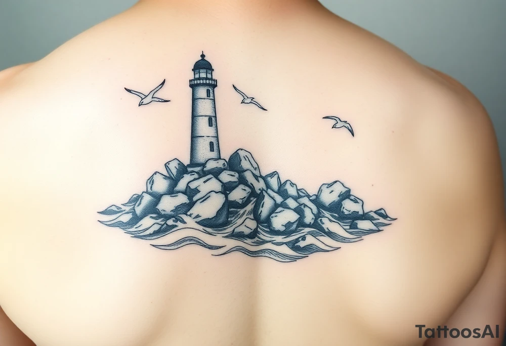 Lighthouse surrounded by boulders in the sea with high waves and seagulls flying around tattoo idea