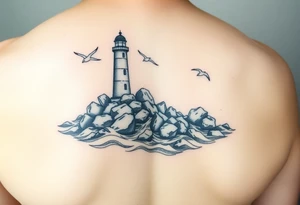 Lighthouse surrounded by boulders in the sea with high waves and seagulls flying around tattoo idea