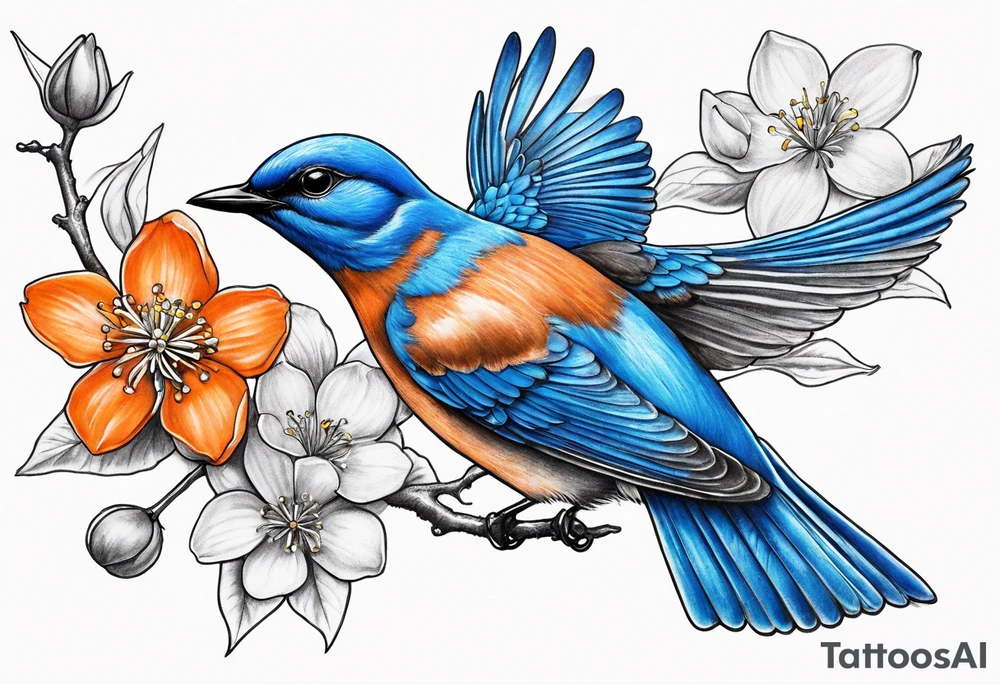 realistic bluebird flying off of branch with orange blossoms tattoo idea