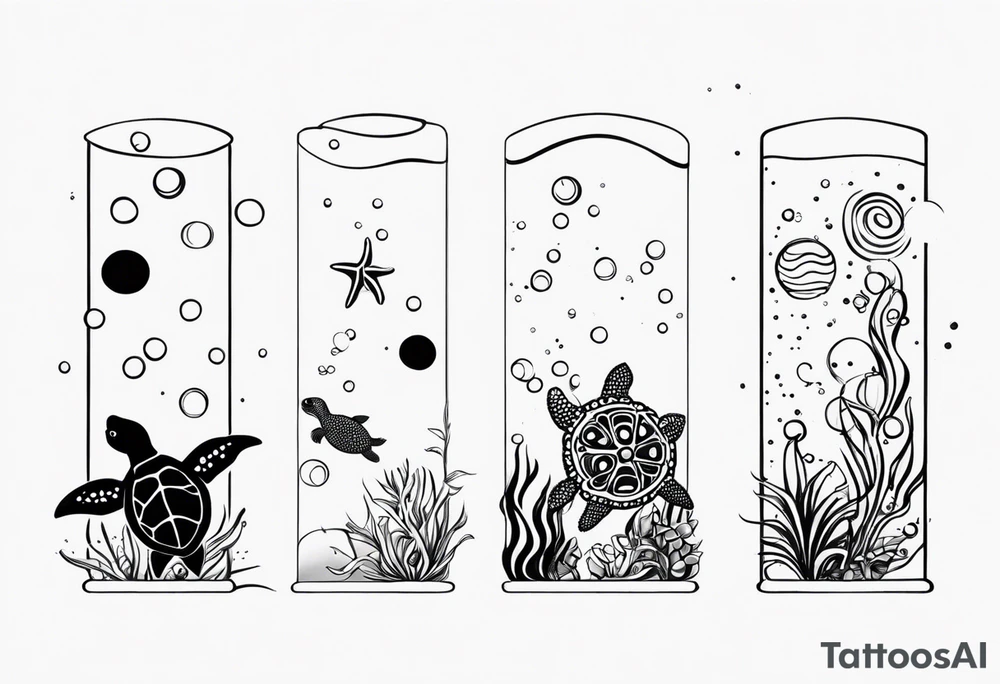 Small Starfish, Seahorse and turtle in a vertical line with bubbles tattoo idea