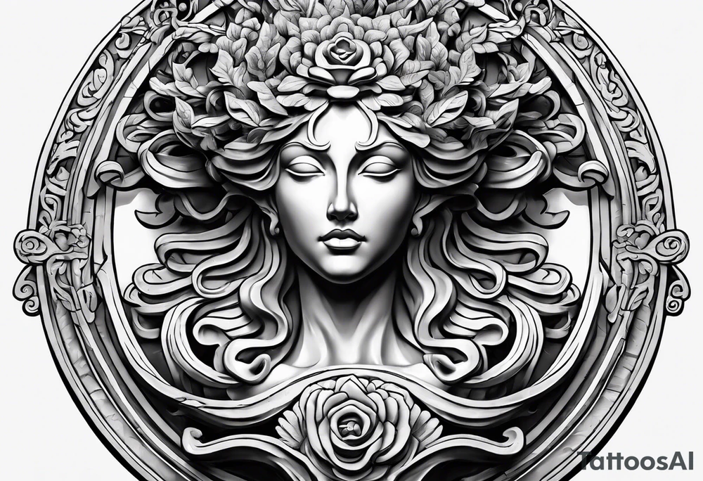 medusa sculpture bust with plants and cracks in sculpture. minimal artistic edgy tattoo idea