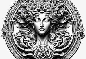 medusa sculpture bust with plants and cracks in sculpture. minimal artistic edgy tattoo idea