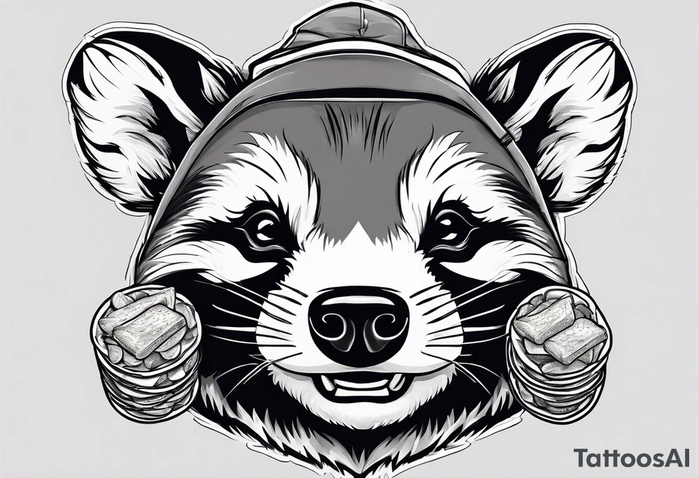 Angry badger with mouth open holding bag of chips tattoo idea