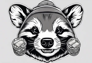 Angry badger with mouth open holding bag of chips tattoo idea