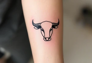 Minimalist Black Ink Bull – Simplified silhouette of a forward-facing bull head in solid black ink, with a focus on sharp horn curves and symmetrical features. tattoo idea