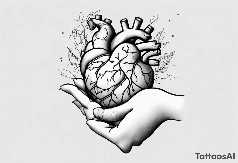 Woman's hand holding anatomical heart and an anatomical brain by a string tattoo idea