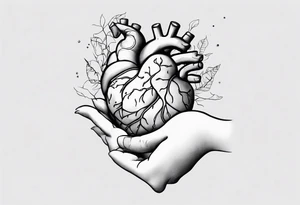 Woman's hand holding anatomical heart and an anatomical brain by a string tattoo idea
