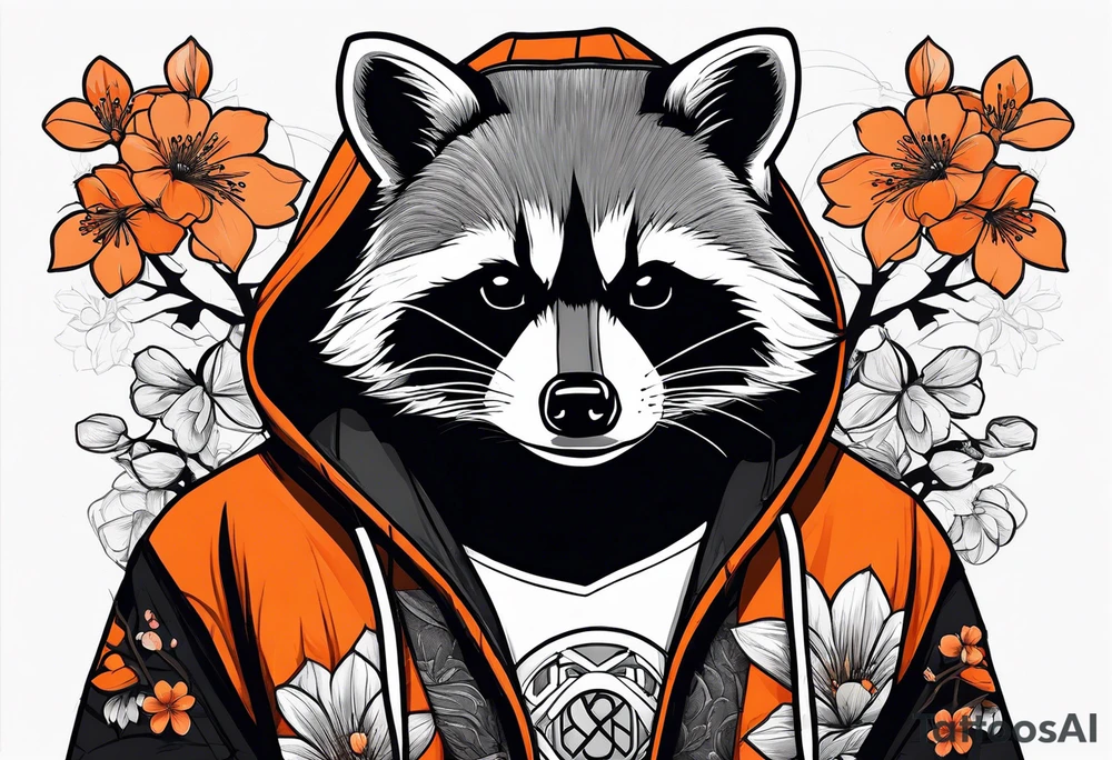 Raccoon wearing a white Superman logo on a black hoodie and orange Japanese cherry blossoms beside tattoo idea