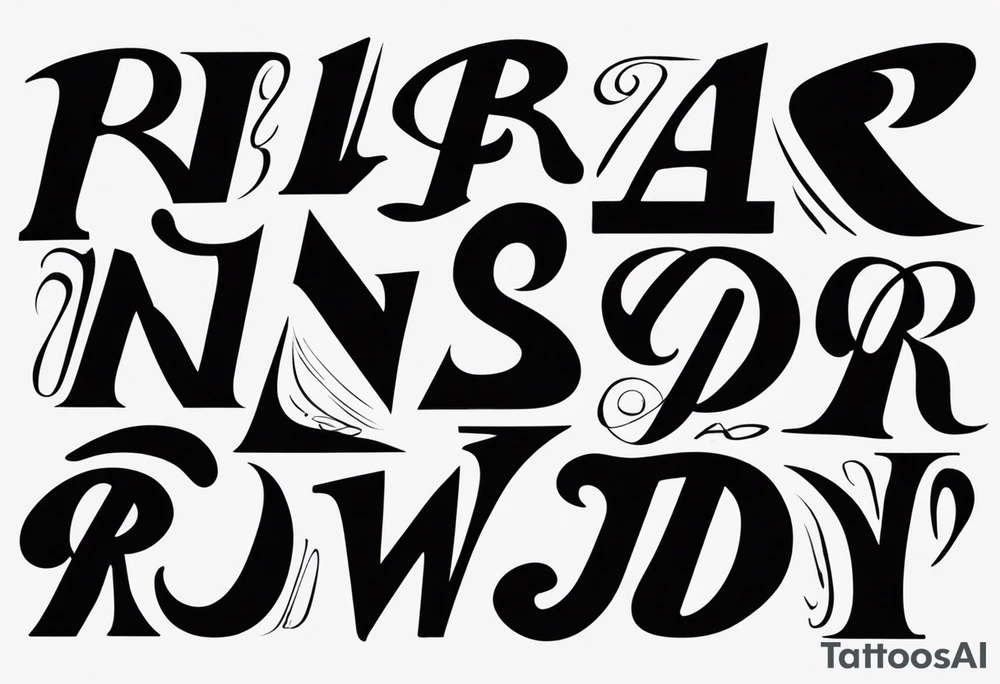 Asymmetrical flip script batch of letters in graffiti and calligraphy styles. I want a B that can be doubled as an upside-down S. I want R and E, A and N, N and A, D and H, Y and S tattoo idea