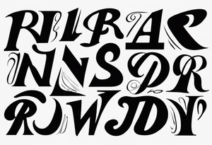 Asymmetrical flip script batch of letters in graffiti and calligraphy styles. I want a B that can be doubled as an upside-down S. I want R and E, A and N, N and A, D and H, Y and S tattoo idea