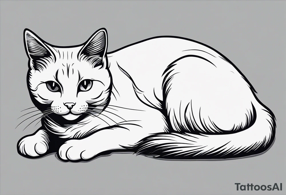 Simple line drawing of a grey cat white some small white patches on her belly and white paws. Face is all grey.  I want her curled up sleeping. She has short hair. tattoo idea