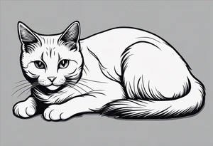 Simple line drawing of a grey cat white some small white patches on her belly and white paws. Face is all grey.  I want her curled up sleeping. She has short hair. tattoo idea