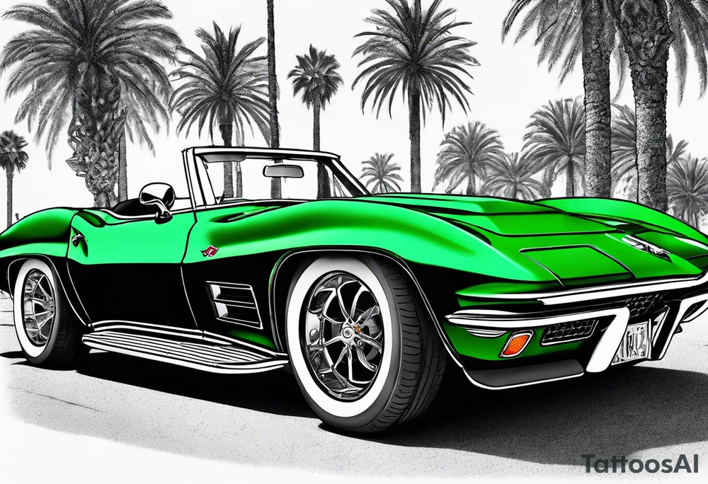 Skeleton smoking a cigarette driving a green 1976 convertible Corvette tattoo idea