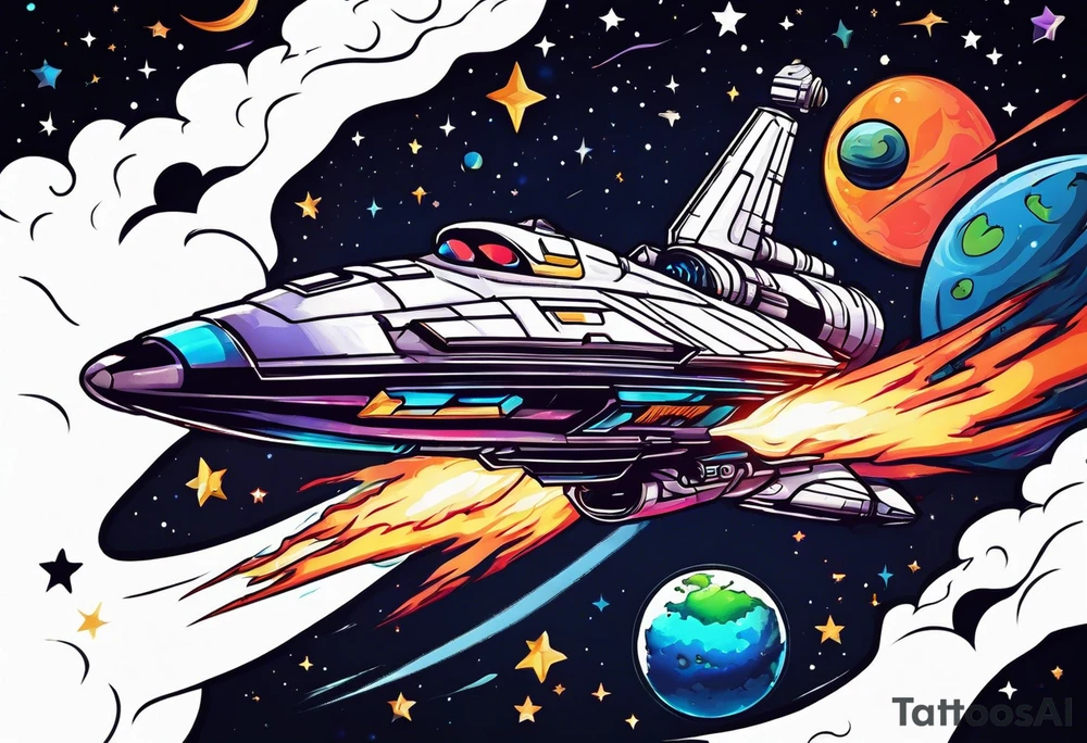 Space ship shooting into space with the heavens opening tattoo idea