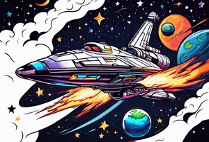 Space ship shooting into space with the heavens opening tattoo idea