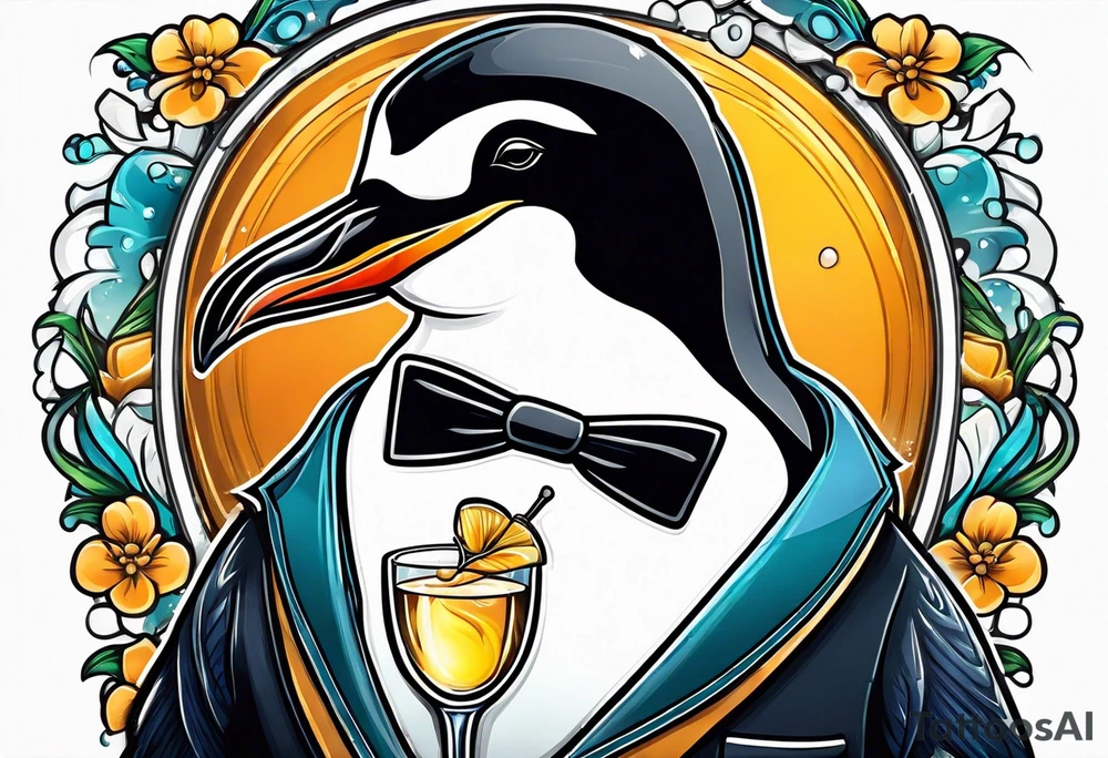 Classy penguin drinking a martini tattoo idea