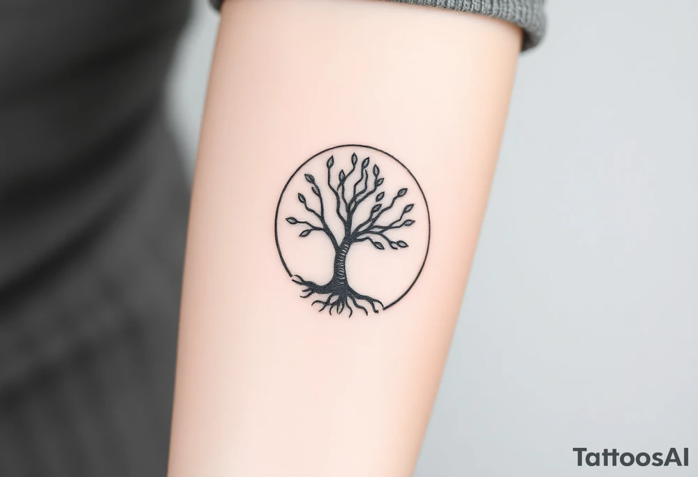 A tree inside of a circle, with few leaves, with an outward spiral line (moving to the right), as its roots, encircling the entire tree tattoo idea