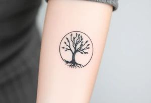 A tree inside of a circle, with few leaves, with an outward spiral line (moving to the right), as its roots, encircling the entire tree tattoo idea